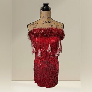 Love On A Hanger Red Sequin Tinsel Crop Top And Skirt- Size Medium